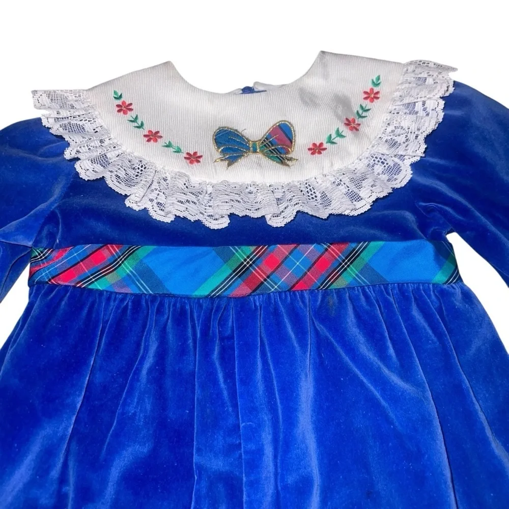 EUC Vintage Royal Blue Velvet Romper Bodysuit Lace Collar Plaid Ribbon 12 month